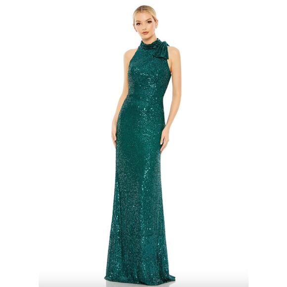 MAC DUGGAL Dress Size 0 Evening Gown Sequin Green NEW Soft Tie Halter Neck - Picture 1 of 8
